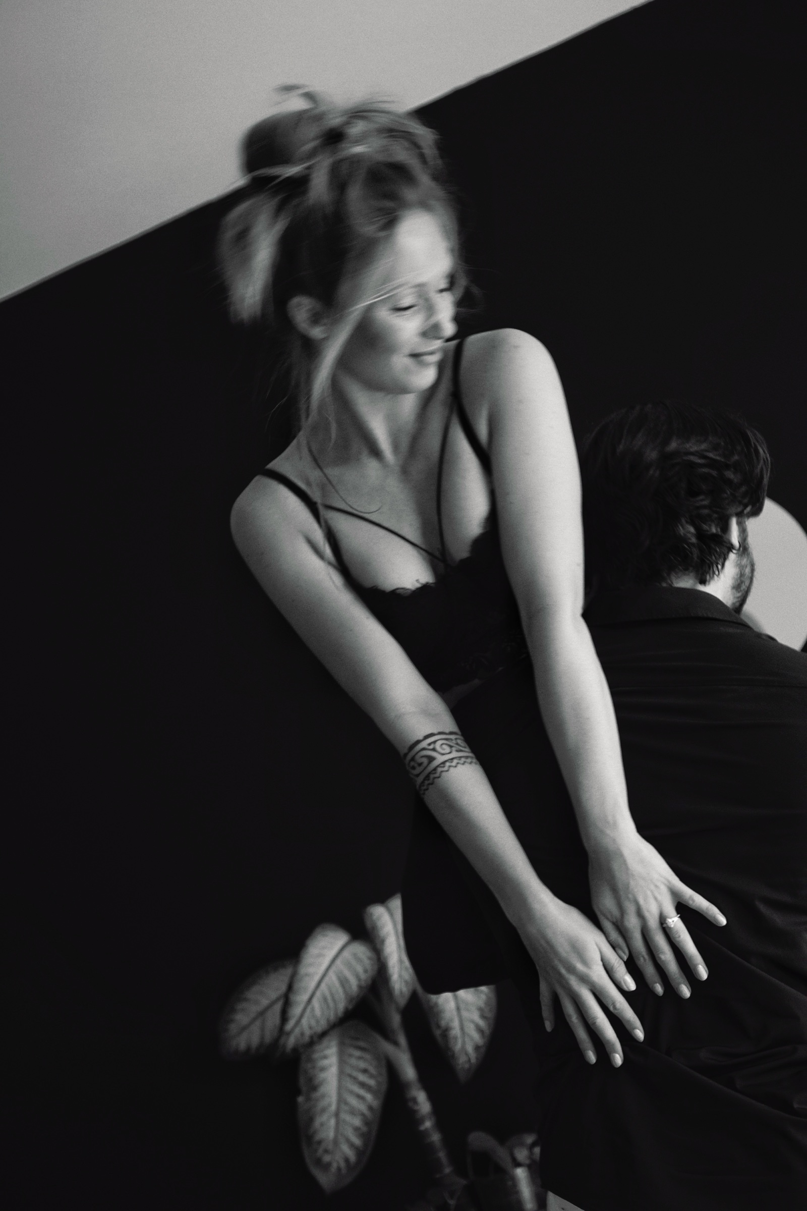 Woman in black lingerie, black and white