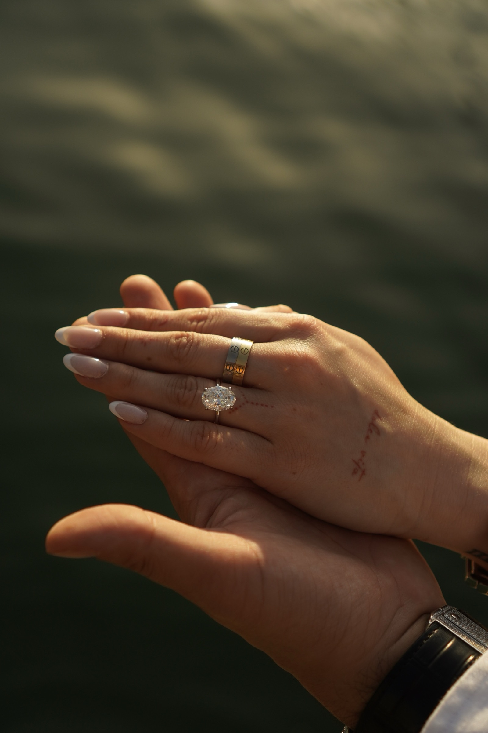 Engagement ring shown on clasped hands