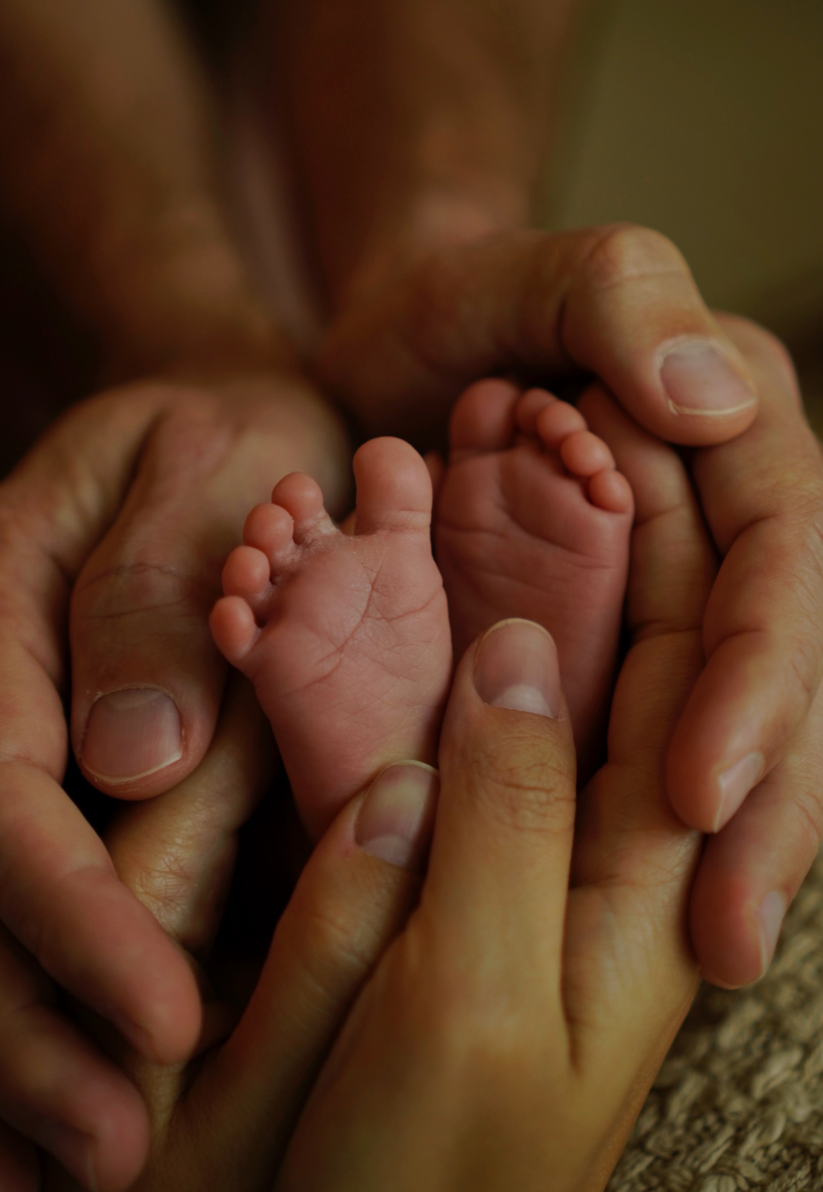 Parents' hands gently cradling both of baby's tiny feet