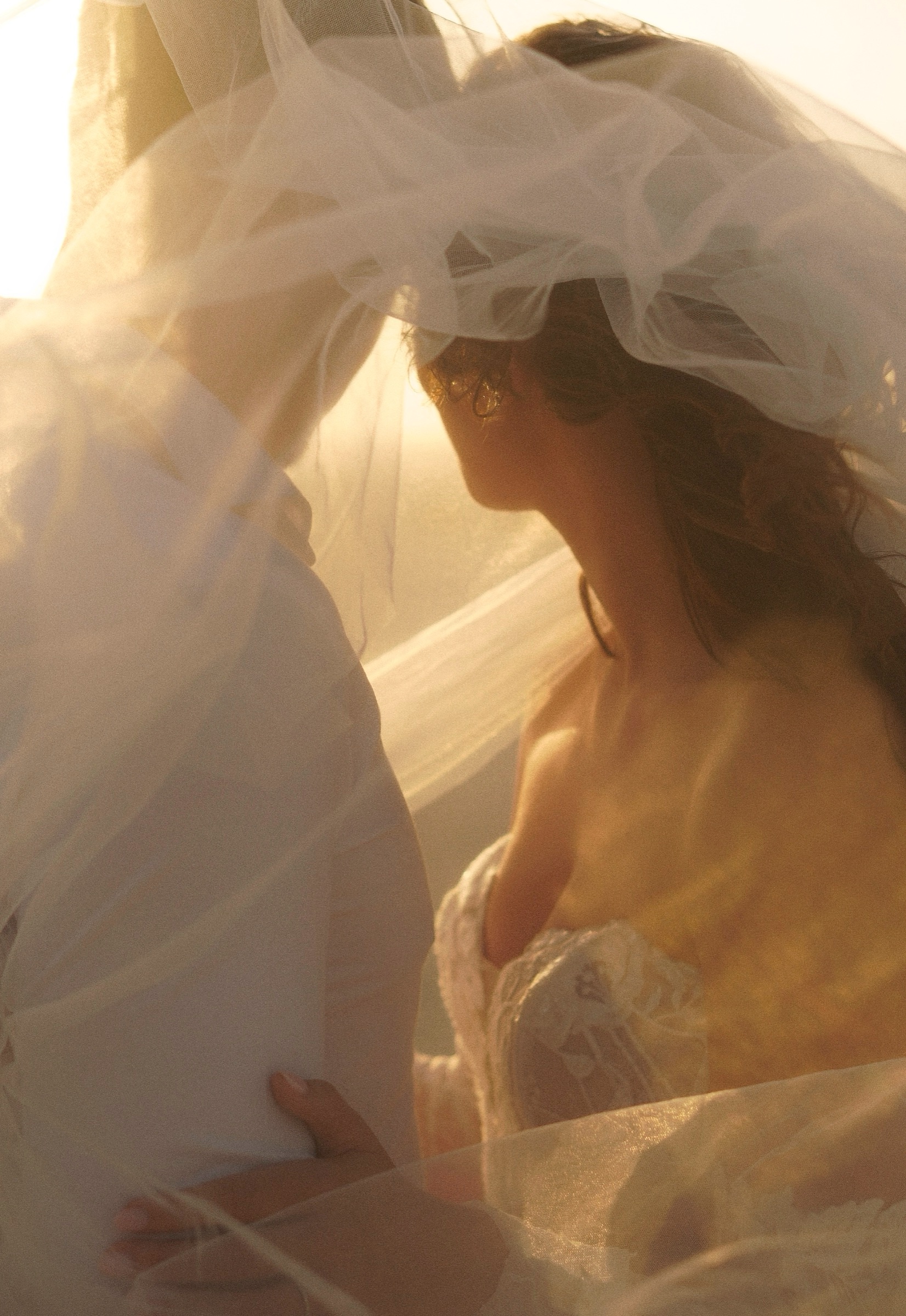 Bride beneath a glowing veil at sunset