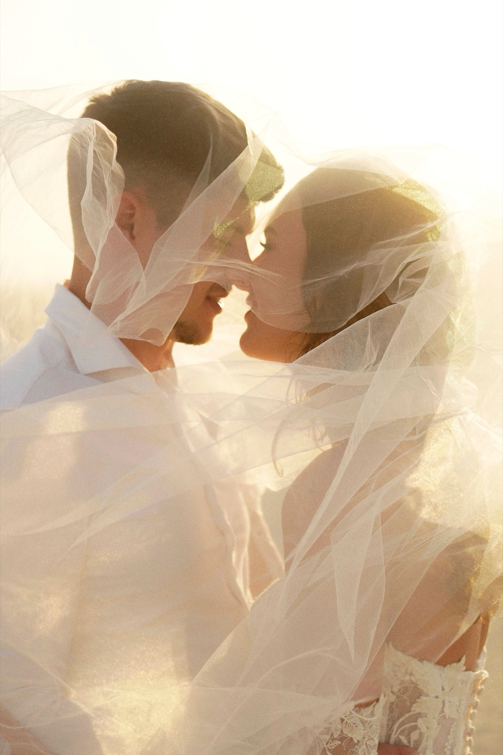 Couple nose to nose under a sheer veil